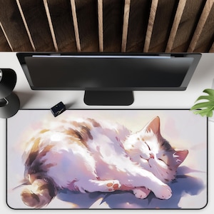 Kawaii Cat Desk Mat, Cute Chubby Cat Sleeping, Cat Lover Gift, Desk Accessory, Office Decor, Mouse Pad, Work from Home Essential