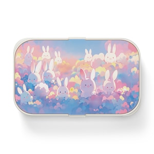 Cute Bento Lunch Box with Kawaii Bunnies and Pastel Clouds, Kids Lunch Container, Japanese Style Food Box, Rabbit Bento Box, Back to School