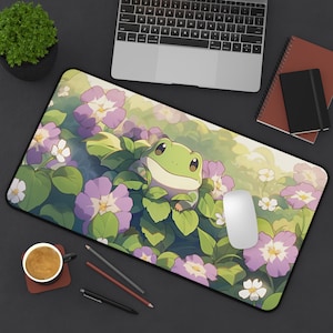 Kawaii Frog Desk Mat: Anime Floral Mouse Pad, Green Office Decor