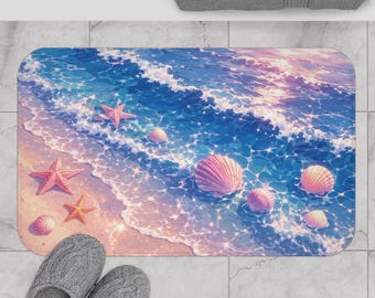Pastel Ocean Bath Mat, Kawaii Beach Bathroom Rug, Seashell Starfish Coastal Decor, Pink Blue Aesthetic Bath Rug, Cute Summer Bathroom Mat