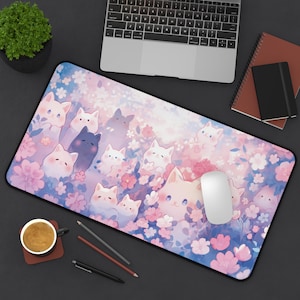 Pastel Desk Mat, Kawaii Cats Mouse Pad, Cartoon Cat Mouse Pad, Aesthetic Desk Mat, Large Gaming Mouse Pad, Kawaii Cat Desk Pad Desk Decor