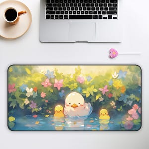 Cute Duck Desk Mat, Kawaii Ducks with Flowers Design, Kawaii Office Decor, Desk Accessory, Cute Large Mouse Pad, Floral Desk Blotter