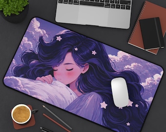 Bureaumat kawaii lofi anime, schattig slapend animemeisje, kawaii cadeau voor animeliefhebber, gamingmat paars esthetisch toetsenbord, schattig kantoordecor
