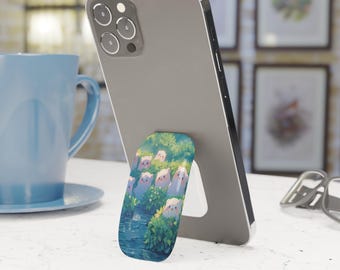 Kawaii Bear Phone Grip, Cute Animal Click-On Holder with Forest Green Design, Adorable Cellphone Accessory, Gift for Animal Lovers