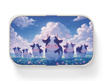Marmita estilo japonês com estampa de vacas kawaii de anime.