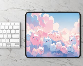 Cute Pink Mouse Pad, Cute Pink Cats with Clouds Gaming Mousepad, Desk Mat, Cat Lover Gift, Computer Accessories, Office Decor