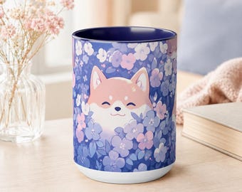Kawaii Shiba Inu Floral Ceramic Mug, 15oz Coffee Cup, Desk Decor