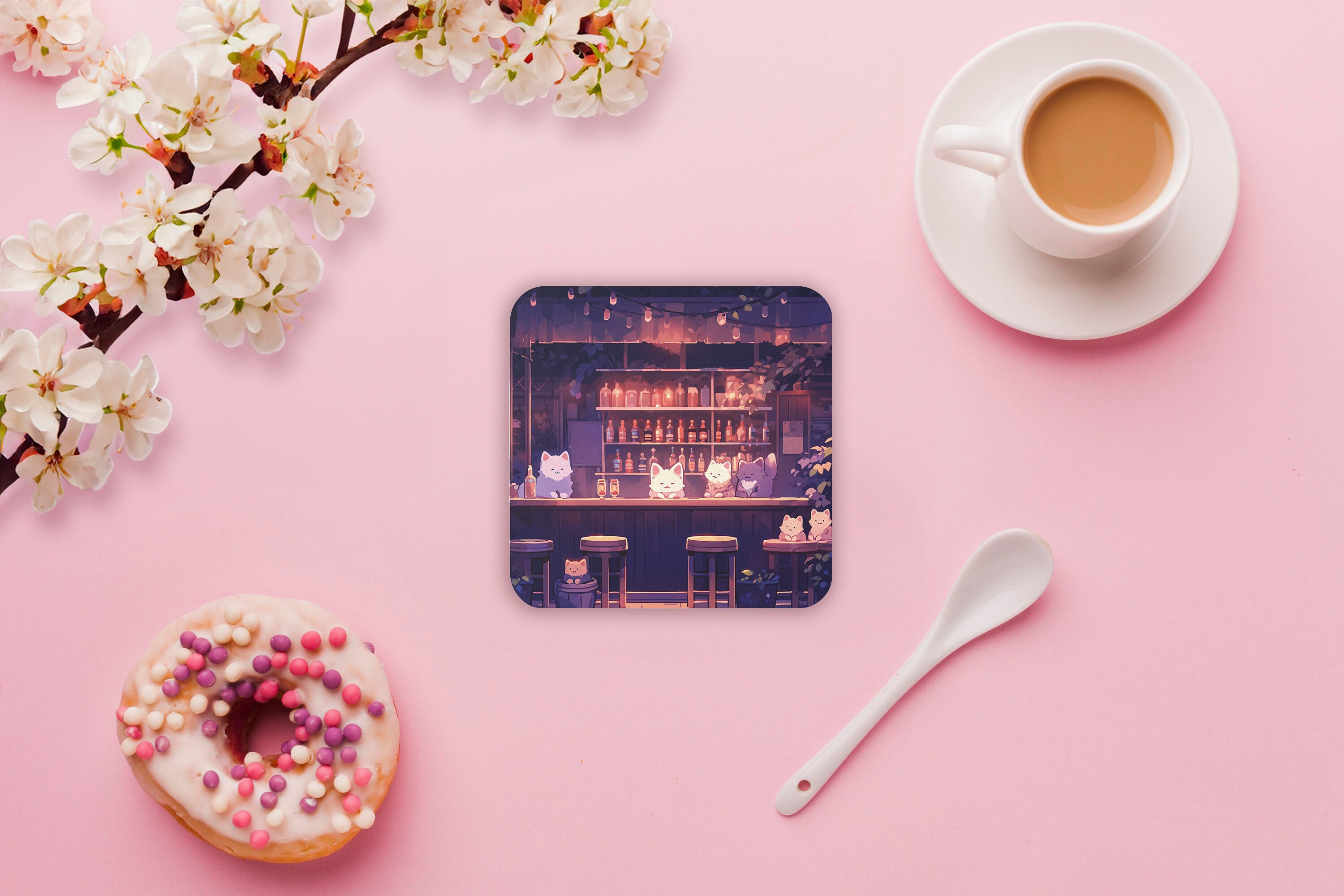 Kawaii Cork Back Coaster, Cute Cat Coaster, Kawaii Cats Chilling at Bar