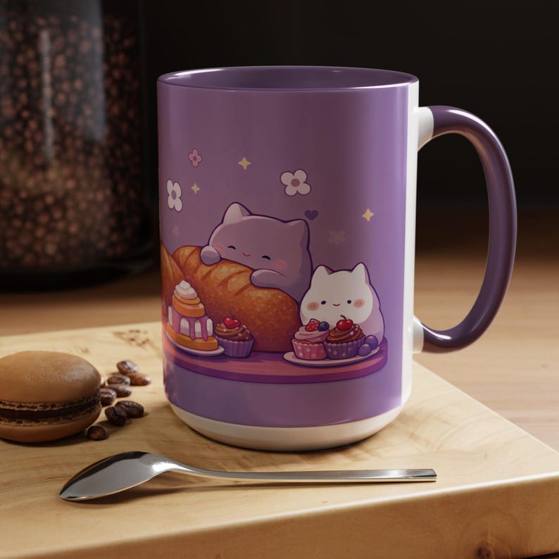 Tazza da forno Kawaii con gatto, tazza con gattino viola pastello, tazza in ceramica da 440 ml immagine 7