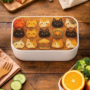 Op de afbeelding: Een witte rechthoekige lunchbox met een houten deksel met een patroon van cartoon kattengezichten in verschillende kleuren. De lunchbox is omgeven door vers fruit en groenten, waaronder appels, tomaten en broccoli, op een houten oppervlak.