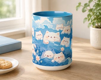 かわいい猫マグカップ、キュートなちび猫が海で泳ぐ、15オンスセラミックカップ