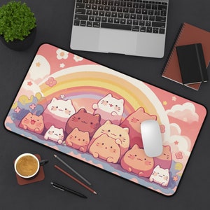 Kawaii Cats Desk Mat, Desk Mat Aesthetic, Pink Pastel Color Desk Mat, Girl Desk Accessories, Kawaii Desk Office Decor, Cute Cat Mouse Pad