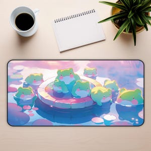 Puede incluir: Una alfombrilla de rat&oacute;n colorida con un dise&ntilde;o de ranas verdes en un estanque con agua rosa y azul. Las ranas est&aacute;n sentadas en una plataforma de piedra con un cielo rosa y azul de fondo.
