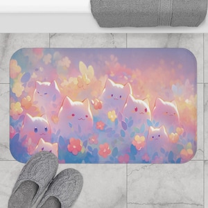 Kawaii Pastel Cats Bath Mat, Cute Bathroom Decor, Cat Lover Gift, Soft Absorbent Rug, Non-Slip Kitty Mat, Washable Shower Mat