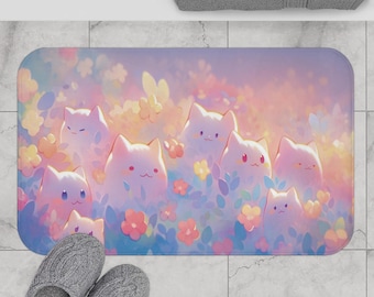 Tapis de bain Kawaii chats pastel, décoration de salle de bain mignonne, cadeau pour amoureux des chats, tapis absorbant doux, tapis antidérapant pour chat, tapis de douche lavable