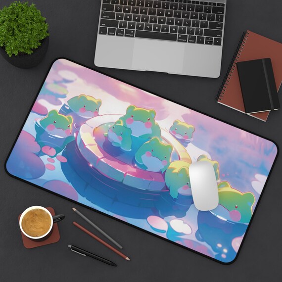 Frog Lover Desk Mat, Pastel Pink Anime Mouse Pad, Kawaii Office Accessories, Cute Computer Desk Pad, Cute Desk Decor, Gamer Accessories