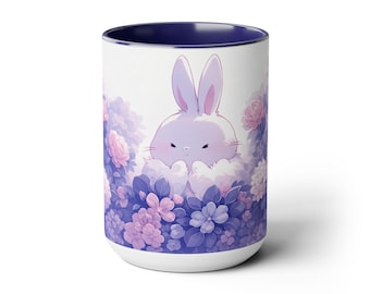 Cute Kawaii Bunny Mug 15oz, Cute Mugs Aesthetic, Bunny with Flowers, Kawaii Animal Patterns Mugs, Mug with Bunny Print, Cute Desk Decor