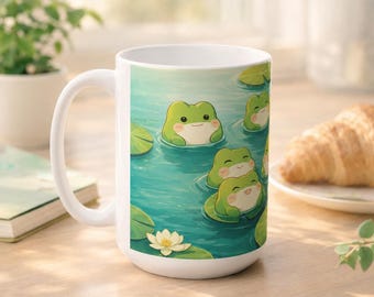 Cute Frog Mug, Frog Lover Gift, Cute Mug Aesthetic, Cute Chibi Frogs 15oz, Kawaii Green Mugs, Cute Frogs Coffee Cup, Frog Mug Kawaii Frog