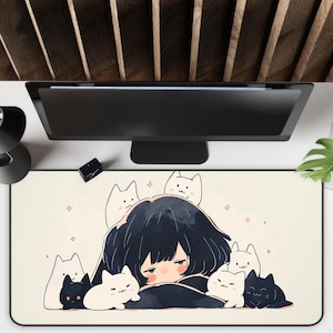 Cats and Anime Girl Desk Mat, Kawaii Mouse Pad, Cute Gaming Mat, Computer Accessories Office Decor, Kawaii Mouse Pad Gift for Anime Fans