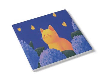 Kawaii Cat Ceramic Coaster, Cute Yellow Cat with Hydrangea Flowers, Adorable Drink Coaster for Cat Lovers, Cute Aesthetic Table Decor