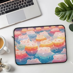 May include: A laptop sleeve with a colorful design featuring multiple cartoon bears in a pool of water. The bears are translucent and have a gradient of pink, orange, yellow, blue, and green colors.