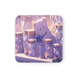 Teddy Bear Coaster, Purple Kawaii Anime Design, Cork Back Coasters, Cute Drink Coaster, Adorable Tea Coasters, Fun Cup Coaster Gifts