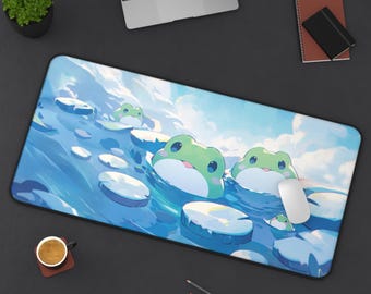 Kawaii Frog Desk Mat: Pastel Blue Anime Mousepad