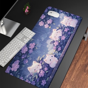 Tapis de bureau Kawaii Lofi, tapis de souris chats kawaii sous la pluie, tapis de bureau kawaii violet, tapis de souris gaming, joli tapis de bureau, jolie configuration de jeu