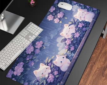 Kawaii Lofi Desk Mat, Kawaii Cats in the Rain Mousepad, Kawaii Purple Desk Mat, Gaming Mouse Pad Deskpad, Cute Desk Mat, Cute Gaming Setup