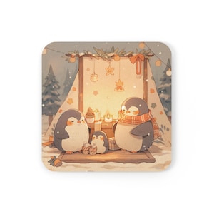 Cute Penguins Coaster, Kawaii Animal Coasters, Cute Coasters for Desk, Kawaii Desk Decor, Drink Accessories