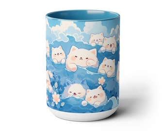 Taza Kawaii de Gatos, Lindos Gatos Chibi Nadando en el Océano, Taza de Cerámica de 443 ml (15 oz)