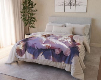 Kawaii Sleeping Cat Sherpa Blanket, Cozy Pastel Kitten Throw, Soft Fluffy Fleece Blanket for Cat Lovers, Cute Animal Bedding, Gift for Her