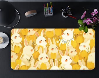Desk Mat, Kawaii Bunny in Yellow Vibe, Cute Animal Mouse Pad, Office Desk Decor, Gift for Bunny Lovers, Back to School Desk Accessory