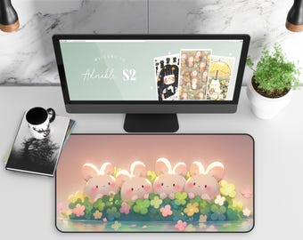 Kawaii Bunny Desk Mat, Cute Rabbits with 4 Leaf Clover, Gaming Mouse Pad, Office Desk Accessory, Workspace Decor, Computer Table Protector
