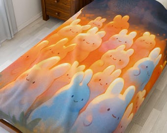 Kawaii Bunny Sunset Velveteen Blanket, Cute Pastel Rabbit Glow Throw, Cozy Soft Plush Bed Blanket, Warm Anime Bunny Decor Gift for Kids