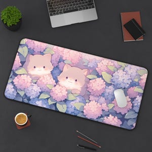 Desk Mat Aesthetic, Cute Cats with Hydrangeas Mouse Pad, Cute Kawaii Pink Deskmat, Kawaii Animals Desk Mat, Cute Desktop Accessories