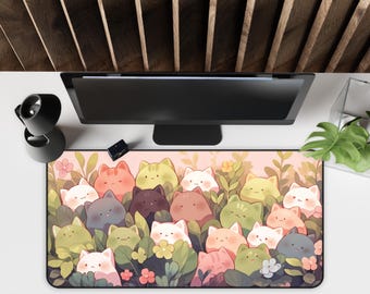 Cute Cat Pattern Desk Mat, Pastel Aesthetic Mouse Pad, Cozy Kawaii Desk Decor, Large Non Slip Desk Pad for Home Office