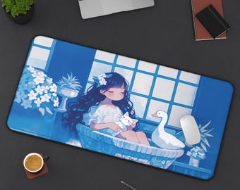 Kawaii Girl and Cat Desk Mat, Blue Aesthetic Mouse Pad, Cozy Anime Desk Decor, Cute Office Gift, Large Gaming Desk Pad