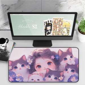 Cat Desk Mat, Cute Anime Girl with Cats, Kawaii Desk Pad, Gaming Mouse Pad, Cat Lover Gift, Cute Office Accessories