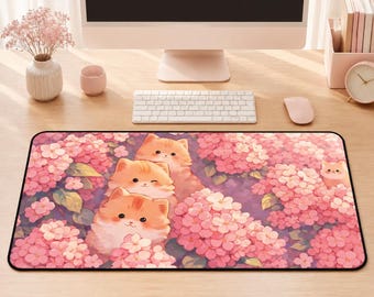 Alfombrilla de ratón para juegos, alfombrilla de escritorio grande estilo kawaii, alfombrilla de escritorio con diseño de gato rosa, alfombrilla de ratón rosa pastel, decoración de escritorio adorable, accesorios de oficina para teclado de ordenador