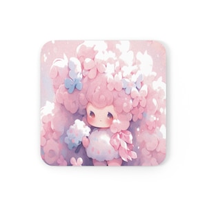 Anime Pink Girl Cork Back Coasters, Drink Coaster, Housewarming Gift, Cute Coffee Coasters, Table Decoration