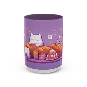 Tazza da forno Kawaii con gatto, tazza con gattino viola pastello, tazza in ceramica da 440 ml immagine 3