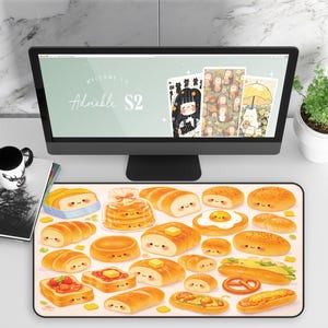 Kawaii Bread Desk Mat, Cute Bakery Desk Pad, Adorable Toast & Pastry Mouse Pad, Pastel Food Desk Mat, Cozy Workspace Decor