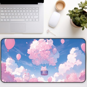 Desk Mat Cute Kawaii Mousepad, Anime Pink Cherry Blossom Cat Desk Cover, Pink Long Mouse Pad, Cute Cozy Desk Decor, Cute Desk Accessories