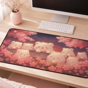 Kawaii Bear Desk Mat, Cute Bear Gaming Mouse Pad with Sakura Blossom Design, Desk Pad for Office Computer Setup, Adorable Animal Lover Gift
