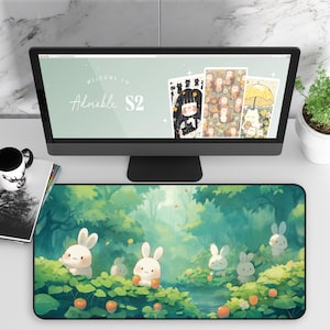 Bunny Desk Mat, Cute Bunny in Forest Desk Pad, Rabbit Lover Desk Accessory, Animal Print Office Decor, Woodland Theme Mouse Pad, Nature Desk
