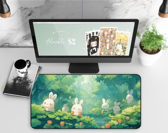 Bunny Desk Mat, Cute Bunny in Forest Desk Pad, Rabbit Lover Desk Accessory, Animal Print Office Decor, Woodland Theme Mouse Pad, Nature Desk