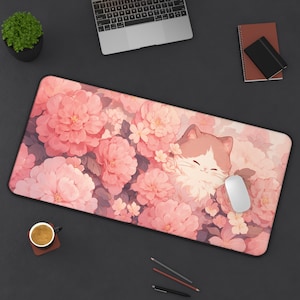 Cute Gaming Mousepad, Kawaii Large Desk Mat, Cat with Camellia Mouse Pad Pastel Pink, Cute Desk Decor, Computer Keyboard Office Accessories
