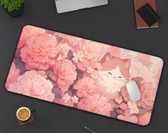 Cute Gaming Mousepad, Kawaii Large Desk Mat, Cat with Camellia Mouse Pad Pastel Pink, Cute Desk Decor, Computer Keyboard Office Accessories