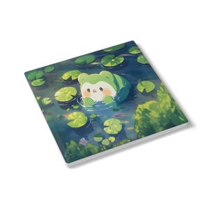 Kawaii Anime Animal at Pond Ceramic Coaster, Cute Animal Coaster, Anime Lover Gift, Pond Theme Decor, Kawaii Coaster, Ceramic Drink